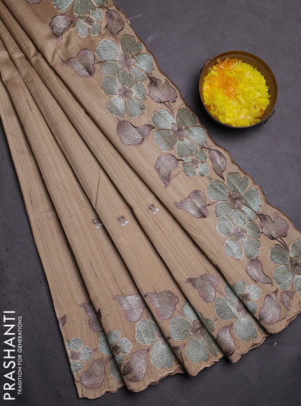 Semi raw silk saree beige with embroidered buttas and embroidery border