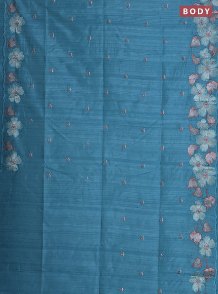 Semi raw silk saree teal blue with embroidered buttas and embroidery border