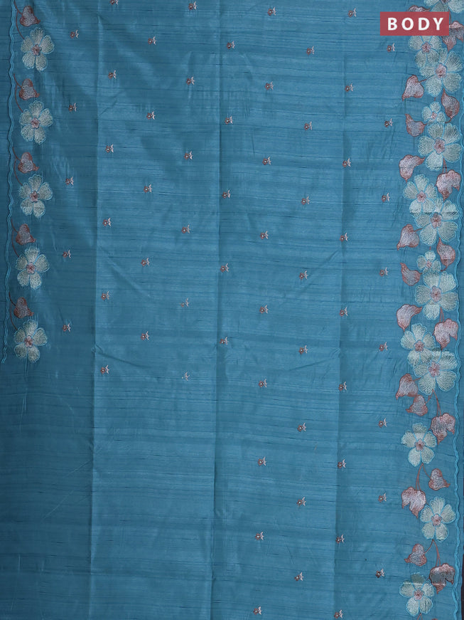 Semi raw silk saree teal blue with embroidered buttas and embroidery border