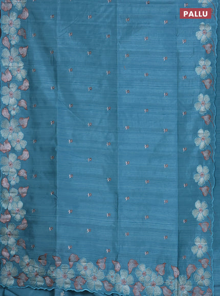 Semi raw silk saree teal blue with embroidered buttas and embroidery border