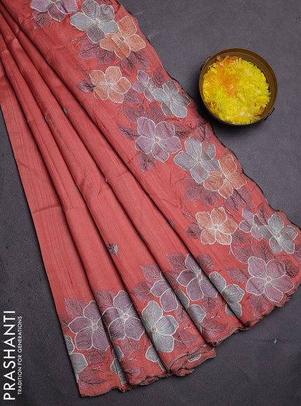 Semi raw silk saree peach shade with embroidered buttas and embroidery border