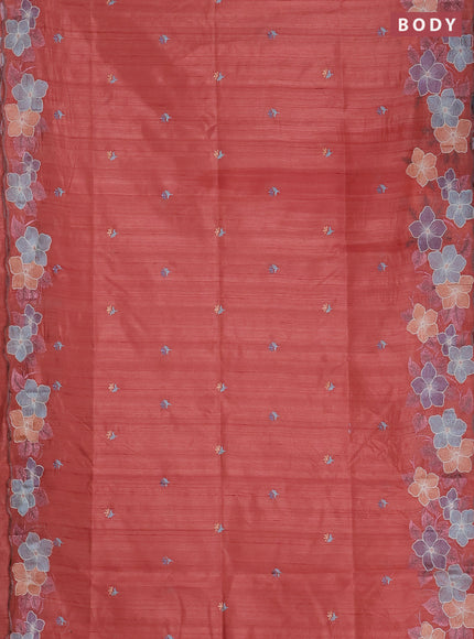 Semi raw silk saree peach shade with embroidered buttas and embroidery border