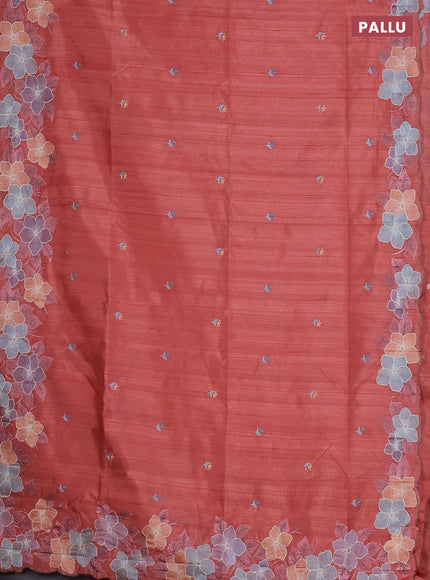 Semi raw silk saree peach shade with embroidered buttas and embroidery border