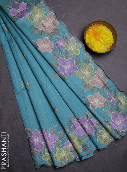 Semi raw silk saree pastel blue with embroidered buttas and embroidery border
