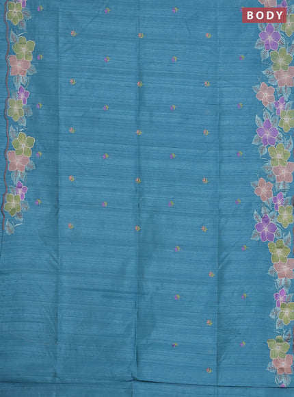 Semi raw silk saree pastel blue with embroidered buttas and embroidery border