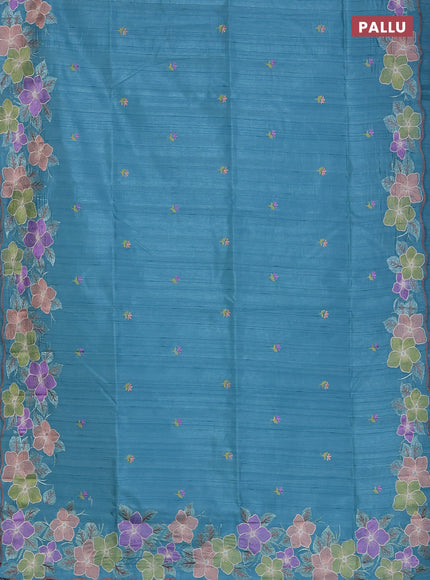Semi raw silk saree pastel blue with embroidered buttas and embroidery border
