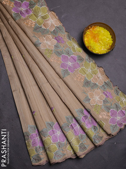 Semi raw silk saree beige with embroidered buttas and embroidery border