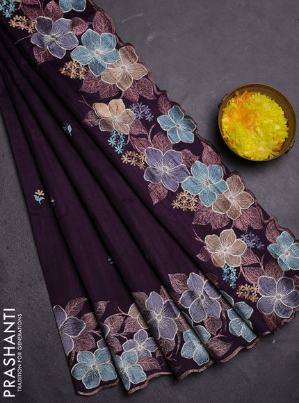 Semi raw silk saree deep wine with embroidered buttas and embroidery border