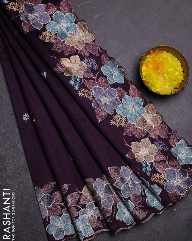 Semi raw silk saree deep wine with embroidered buttas and embroidery border
