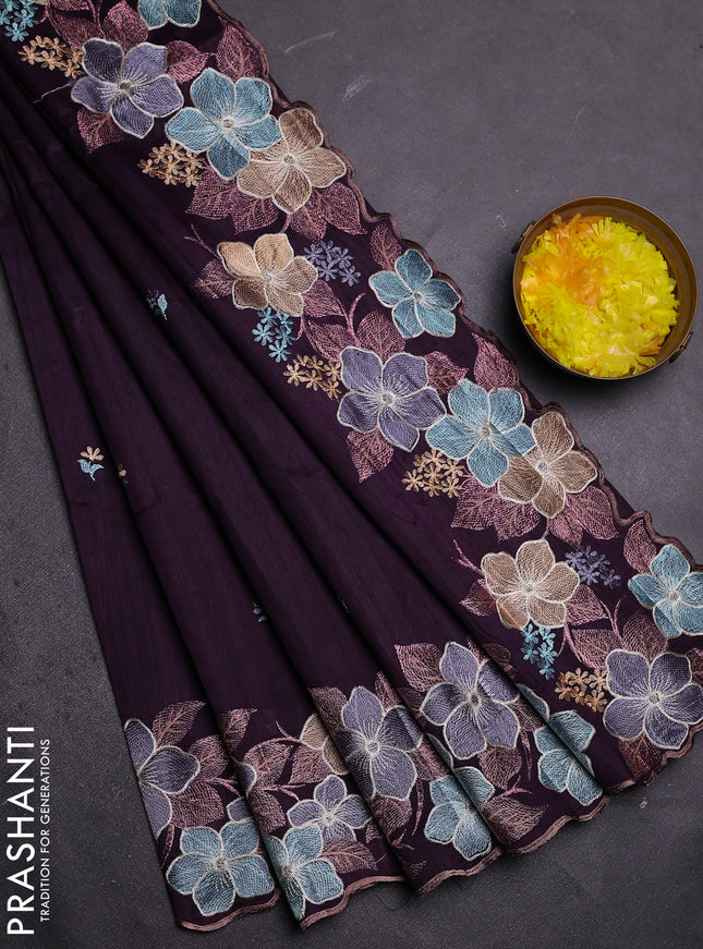 Semi raw silk saree deep wine with embroidered buttas and embroidery border