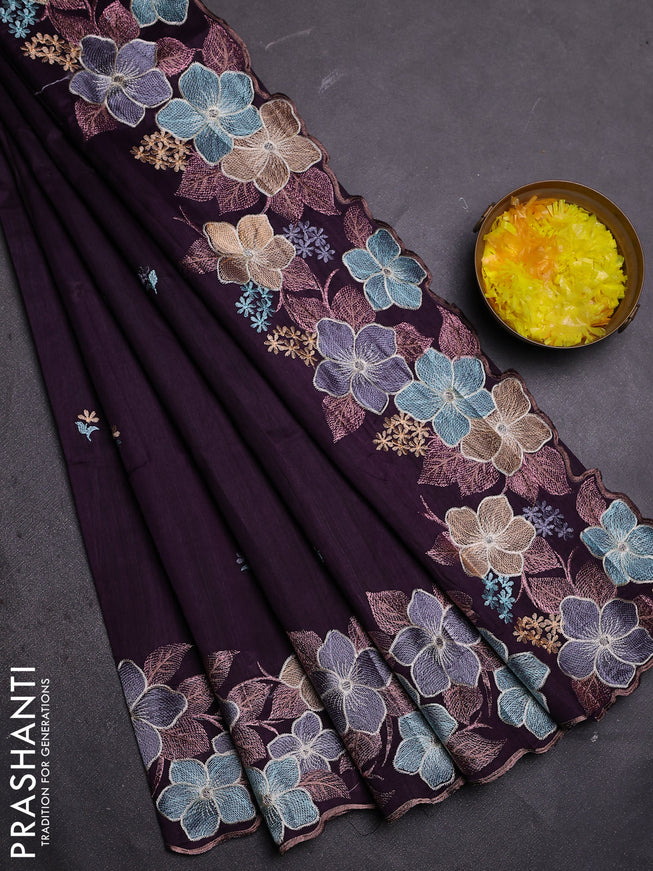 Semi raw silk saree deep wine with embroidered buttas and embroidery border