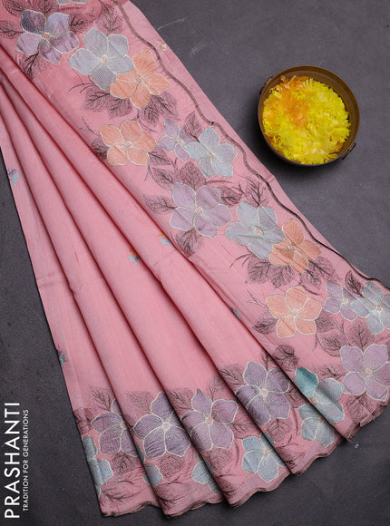 Semi raw silk saree peach shade with embroidered buttas and embroidery border