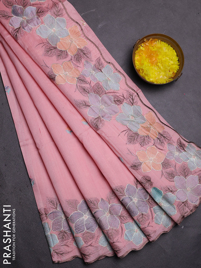 Semi raw silk saree peach shade with embroidered buttas and embroidery border
