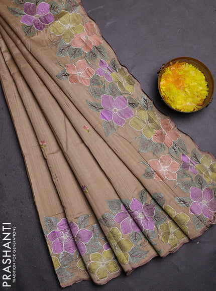 Semi raw silk saree beige with embroidered buttas and embroidery border