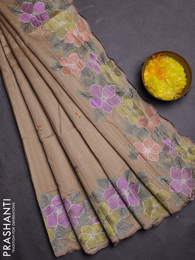Semi raw silk saree beige with embroidered buttas and embroidery border