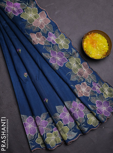 Semi raw silk saree peacock blue with embroidered buttas and embroidery border