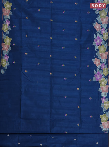 Semi raw silk saree peacock blue with embroidered buttas and embroidery border