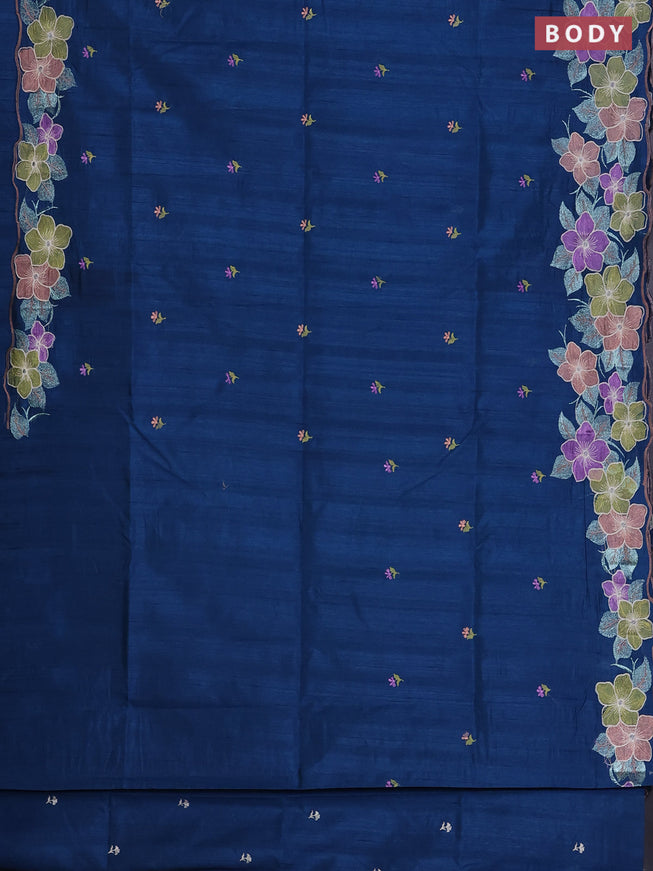 Semi raw silk saree peacock blue with embroidered buttas and embroidery border