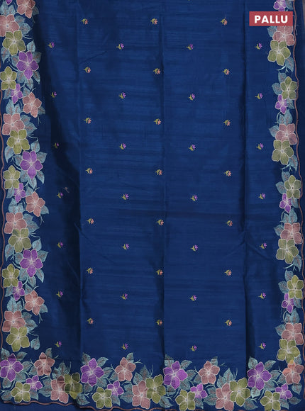 Semi raw silk saree peacock blue with embroidered buttas and embroidery border