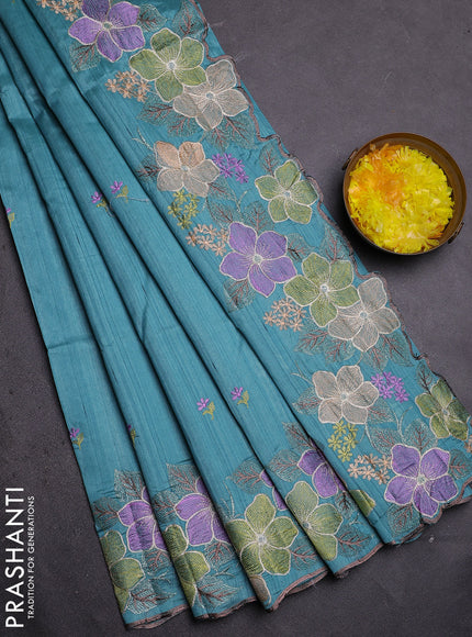 Semi raw silk saree teal blue with embroidered buttas and embroidery cut work border