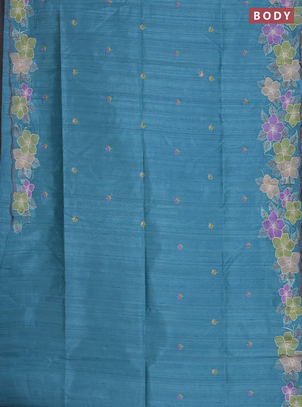 Semi raw silk saree teal blue with embroidered buttas and embroidery cut work border