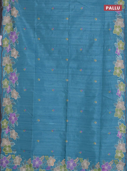 Semi raw silk saree teal blue with embroidered buttas and embroidery cut work border