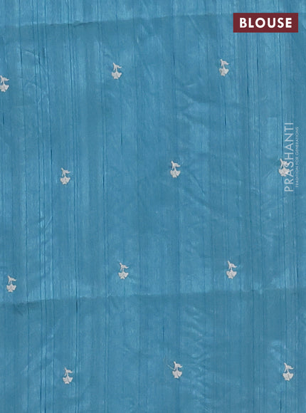 Semi raw silk saree teal blue with embroidered buttas and embroidery cut work border