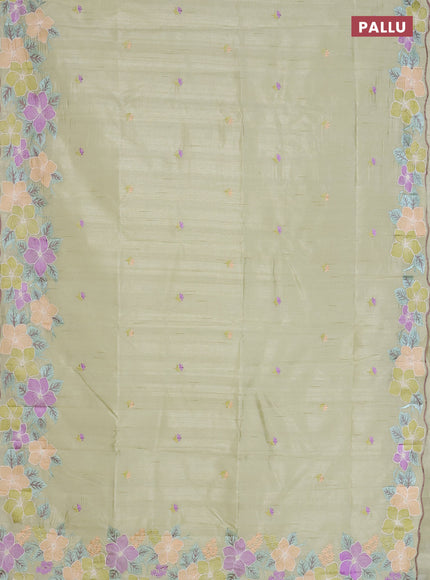 Semi raw silk saree pista green with embroidered buttas and embroidery border