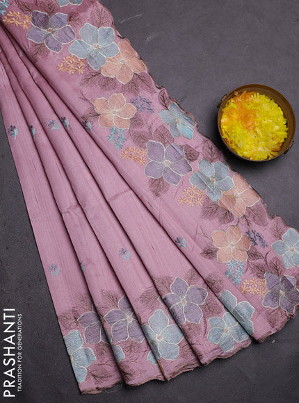 Semi raw silk saree pastel pink with embroidered buttas and embroidery border