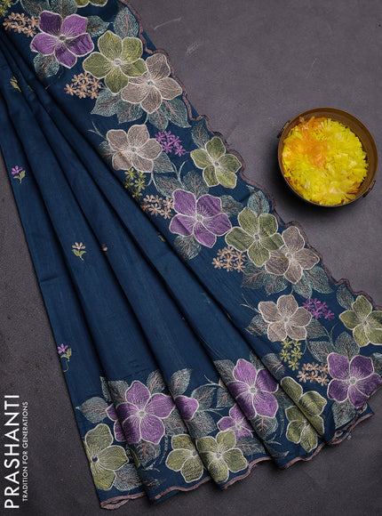 Semi raw silk saree peacock blue with embroidered buttas and embroidery border