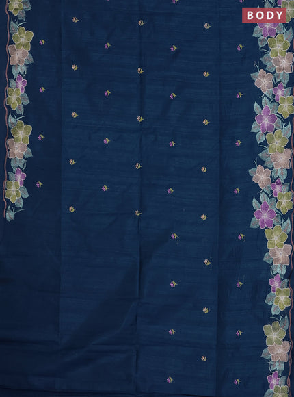 Semi raw silk saree peacock blue with embroidered buttas and embroidery border