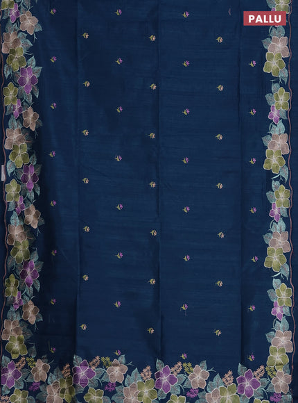 Semi raw silk saree peacock blue with embroidered buttas and embroidery border
