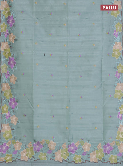 Semi raw silk saree pastel green with embroidered buttas and embroidery border