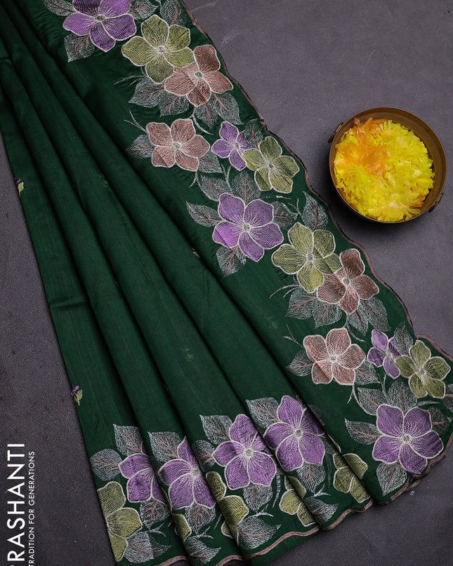 Semi raw silk saree green with embroidered buttas and embroidery border