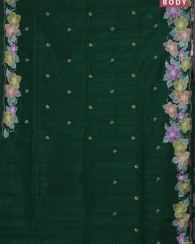 Semi raw silk saree green with embroidered buttas and embroidery border