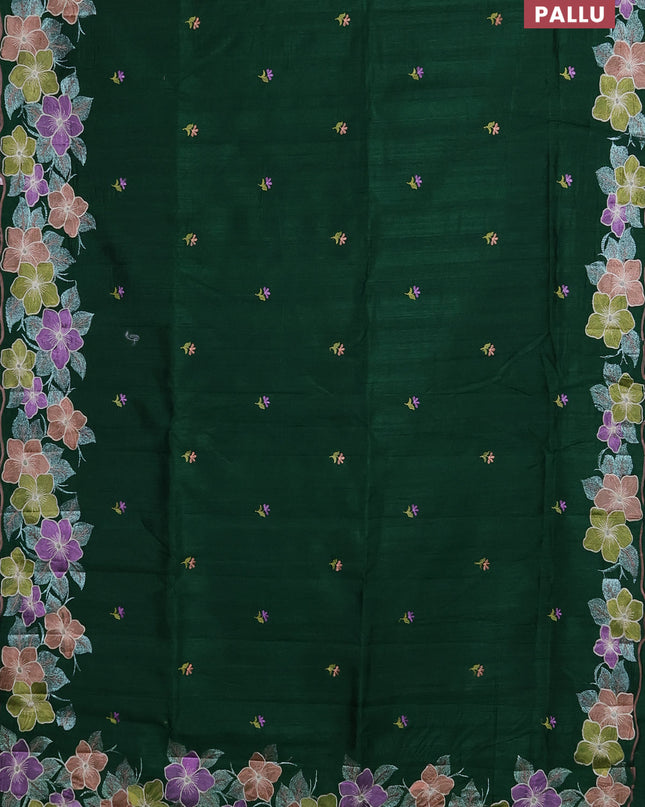 Semi raw silk saree green with embroidered buttas and embroidery border
