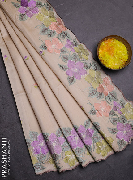 Semi raw silk saree cream with embroidered buttas and embroidery border