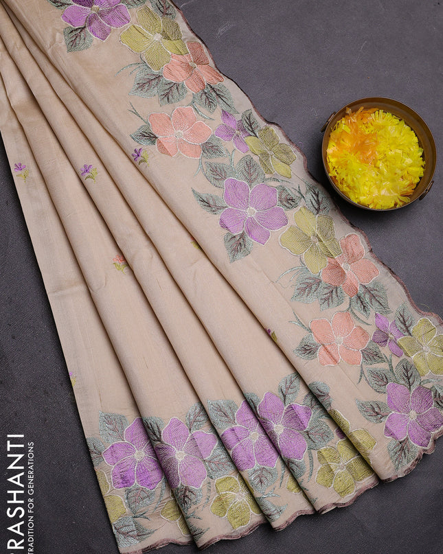 Semi raw silk saree cream with embroidered buttas and embroidery border