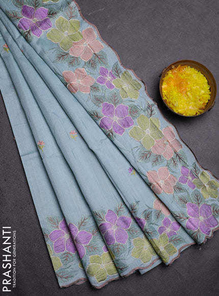 Semi raw silk saree pastel blue with embroidered buttas and embroidery border