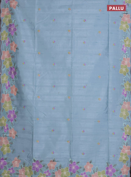 Semi raw silk saree pastel blue with embroidered buttas and embroidery border