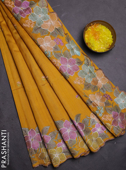 Semi raw silk saree mustard yellow with embroidered buttas and embroidery border