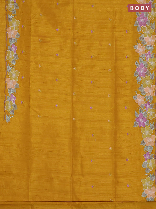 Semi raw silk saree mustard yellow with embroidered buttas and embroidery border