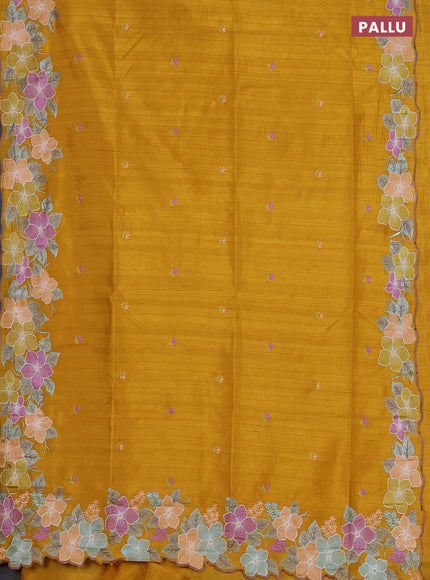 Semi raw silk saree mustard yellow with embroidered buttas and embroidery border