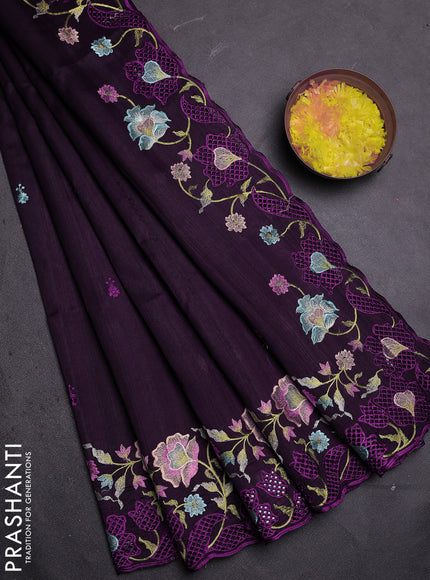 Semi raw silk saree deep wine with embroidered buttas and embroidery cut work border