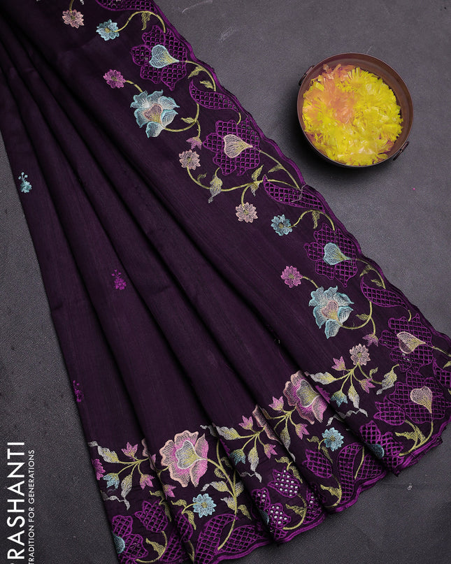 Semi raw silk saree deep wine with embroidered buttas and embroidery cut work border