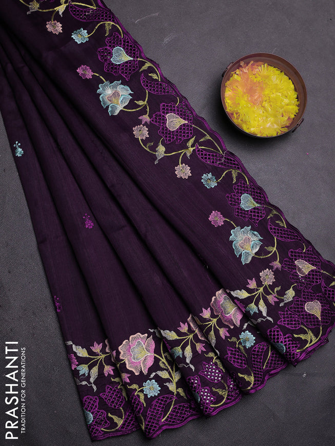 Semi raw silk saree deep wine with embroidered buttas and embroidery cut work border