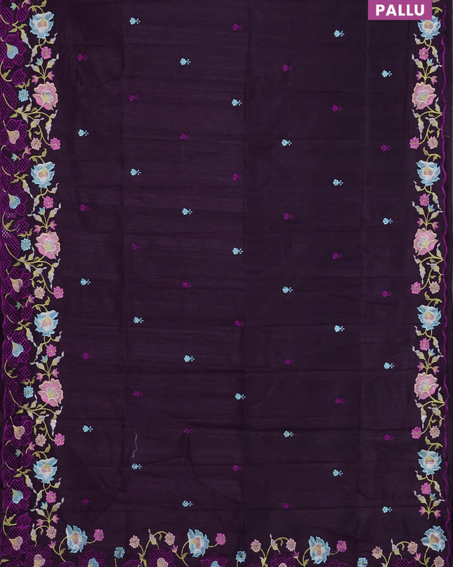 Semi raw silk saree deep wine with embroidered buttas and embroidery cut work border