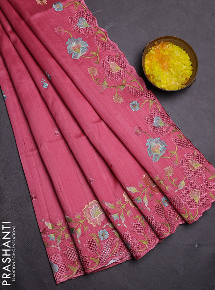 Semi raw silk saree peach pink with embroidered buttas and embroidery cut work border
