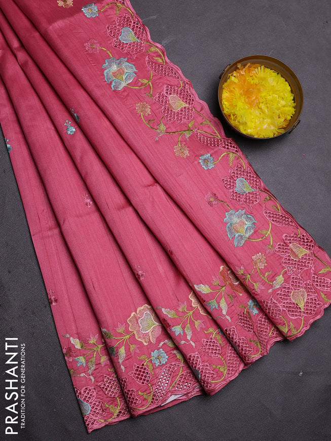 Semi raw silk saree peach pink with embroidered buttas and embroidery cut work border