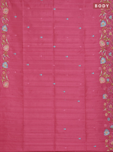 Semi raw silk saree peach pink with embroidered buttas and embroidery cut work border